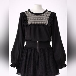 Maurices Black Top with White Embroidered Yoke and Ruffle Details Babydoll Goth